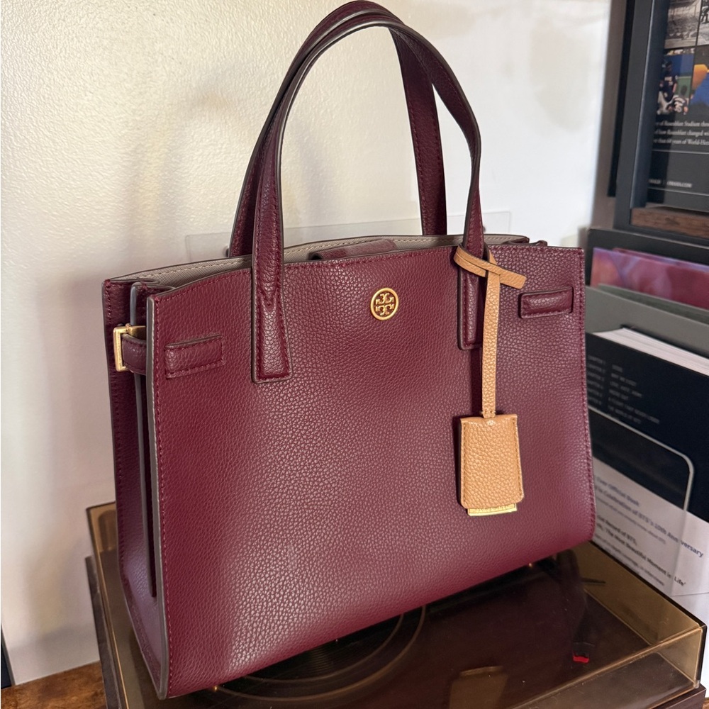 Tory Burch Burgundy Leather Satchel with Tan Tag